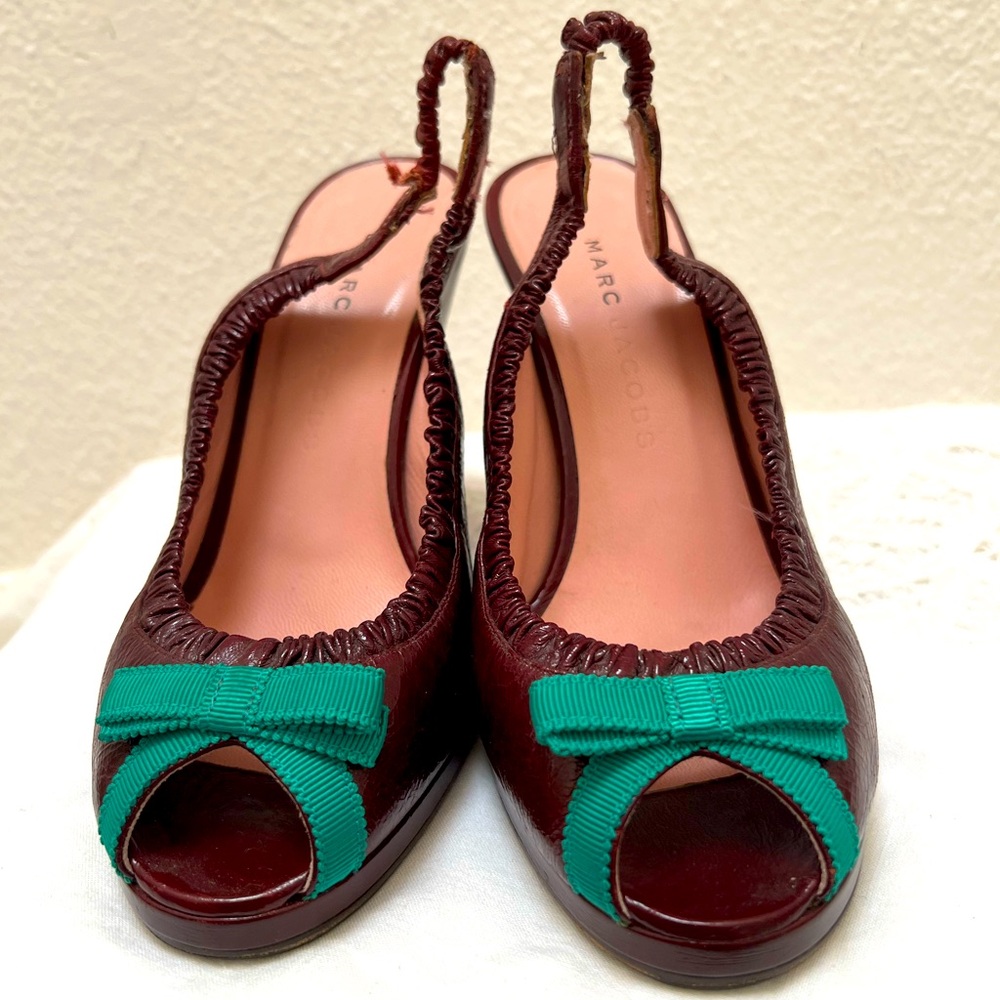 Marc Jacobs, Peep Toes, Slingback Heels, With Green Grosgrain Bows